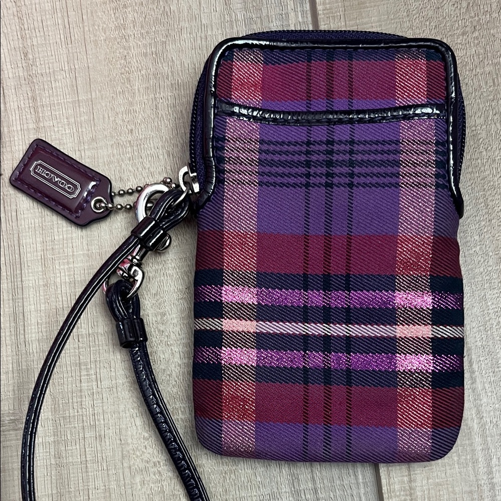 Coach Purple Plaid Poppy Phone Wristlet - Picture 2 of 3